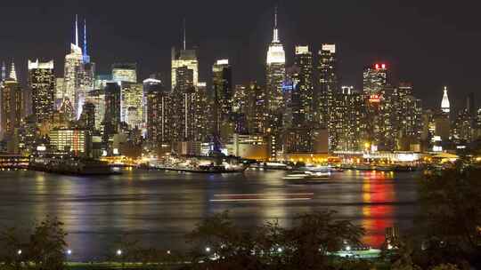 纽约哈德逊河曼哈顿城市夜景延时
