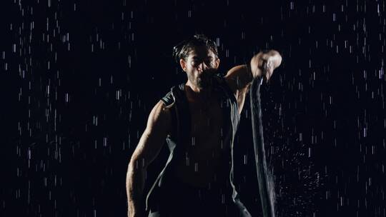 在雨中坚持锻炼甩绳的亚裔男运动员