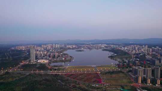 成都天府新区兴隆湖和科学城夜景航拍实时