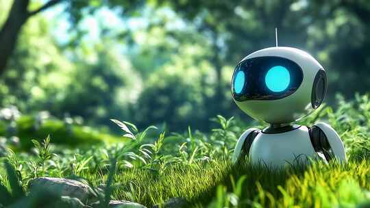 未来智能机器人与自然和谐共存的美丽画面