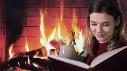 女人在壁炉前看书喝蛋酒
