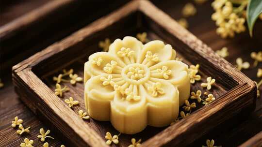 木制托盘上的桂花月饼特写