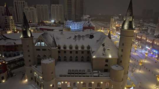 中国黑龙江哈尔滨世界欢乐城夜晚雪景航拍