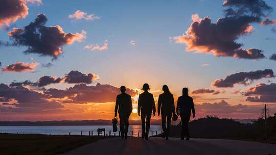 团队剪影夕阳下草地漫步背影