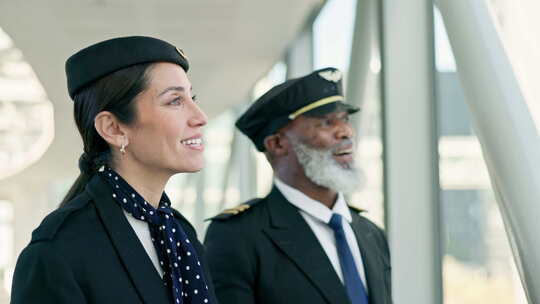 旅行，飞行员和空姐在登机前在机场交谈在城