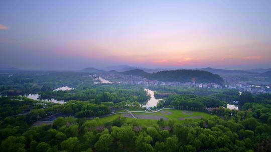 航拍夕阳下诸暨著名景点白塔湖国家湿地公园