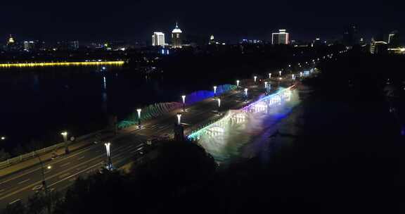长春南湖公园音乐喷泉彩虹南湖大桥夜景航拍