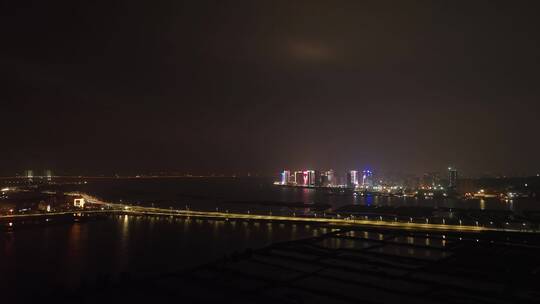 城市道路夜景航拍交通夜晚泉州东海滨江夜景