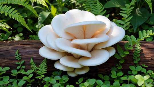 木头上生长的白色蘑菇特写