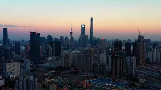 航拍日落时分上海黄浦江两岸城市建筑风光