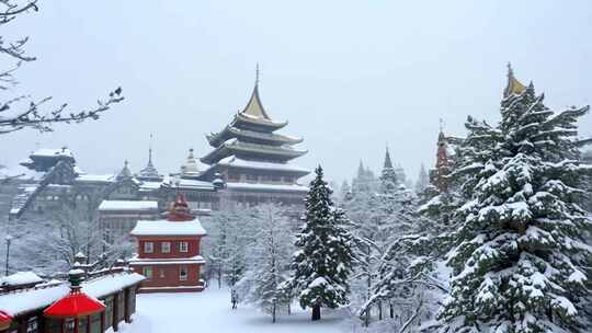 雪中古色古香的建筑群和树木