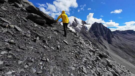 攀登贡嘎山卫峰乌库楚雪山的登山者徒步行进