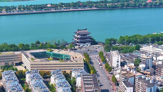 湖南长沙湘江杜甫江阁茶馆航拍城市地标风景视频素材模板下载