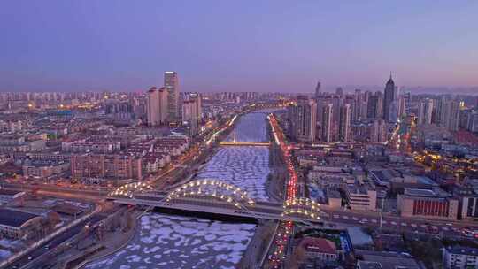 天津海河风景小白楼CBD城市风光傍晚航拍