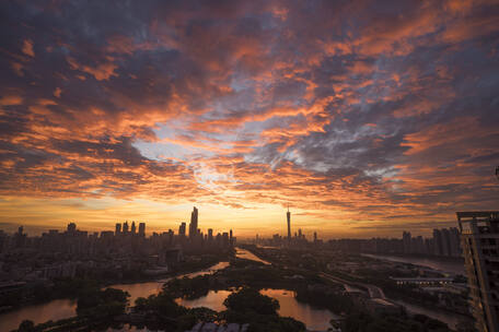 广州世纪早霞火烧云全景日出前城市风光