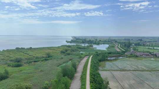 航拍湖泊堤防沿岸湖滩滩涂湿地岛屿绿洲空镜