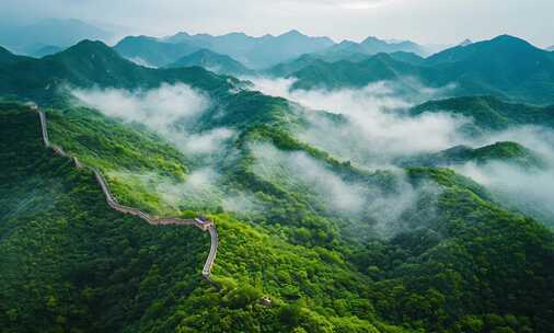 航拍山间云雾中的长城