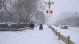 4k北方城市下大雪人行道上的骑电动车的人高清在线视频素材下载