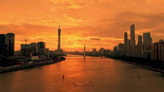 广州晚霞 航拍广州 广州火烧云