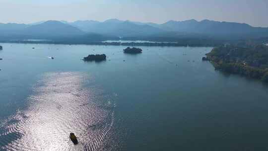 浙江杭州西湖景区大景全景游船船舶航拍