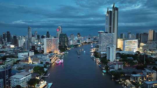泰国航拍曼谷湄南河CBD城市高楼繁华夜景