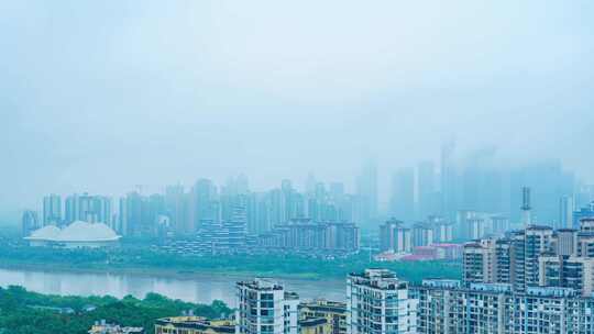 南宁五象新区城市高楼建筑与邕江雨雾缭绕