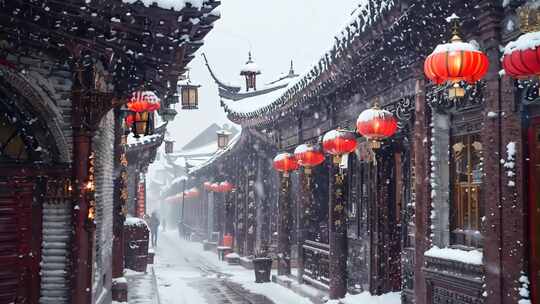 冬天中国塔楼古镇下雪古风雪景