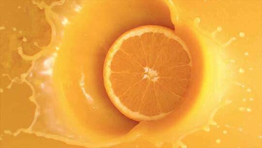 一片橙子落入橙汁慢动作饮料广告三维流体