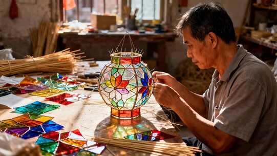 匠人制作彩色玻璃灯笼