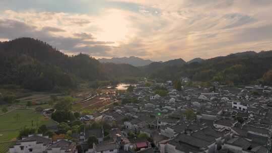 西递古村日出日落徽派建筑马头墙航拍