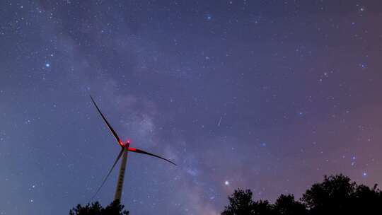 风力发电机夜晚星空银河延时素材