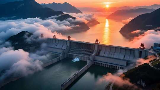 航拍云雾缭绕下的长江三峡大坝日出壮丽延时