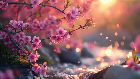 溪水桃花，唯美春天景色