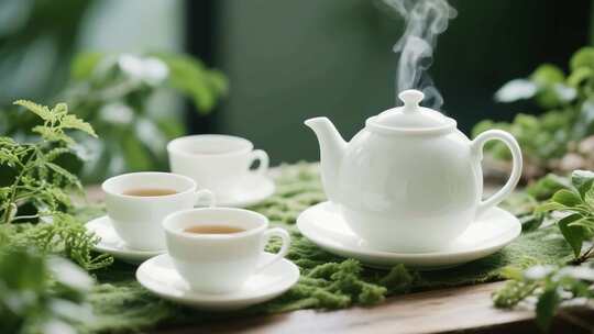 白色茶具与绿植搭配的茶景