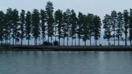 航拍武汉东湖绿道清晨骑行