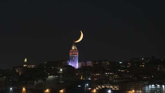 伊斯坦布尔博斯普鲁斯之夜加拉塔月景延时视频