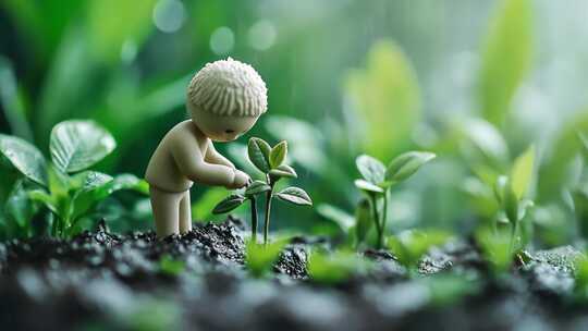 雨中呵护成长中的幼苗