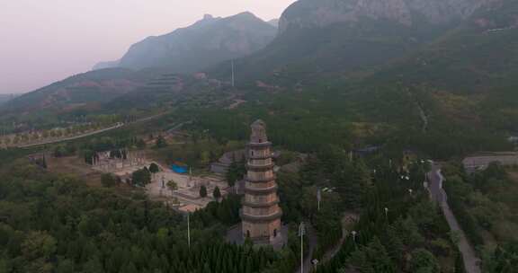 河北邯郸响堂山石窟常乐寺清晨航拍