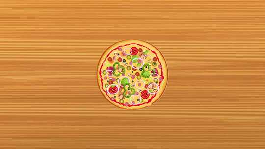 桌面上的披萨大家一起吃美食家庭动画