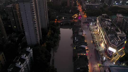 杭州市拱墅区胜利河美食街夜景航拍