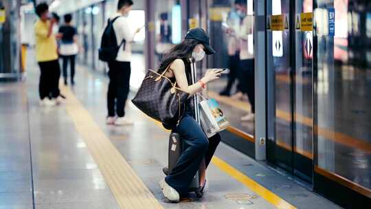 坐在行李箱等地铁的女子