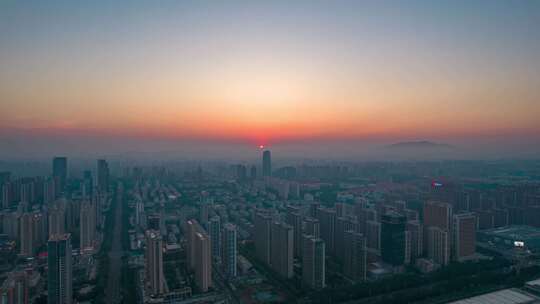 山东日照城市日落晚霞夕阳航拍延时