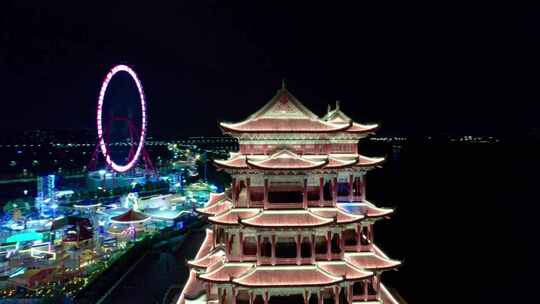 湖南省湘潭市万楼灯光秀夜景航拍4k