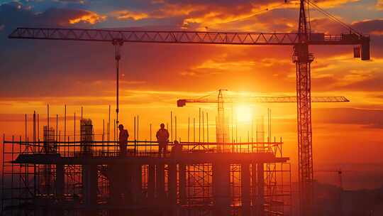 工地建筑工人夕阳逆光劳动剪影