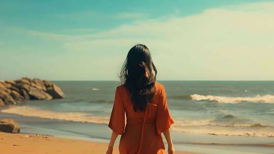 在波浪翻滚的海边沙滩散步的美女背影