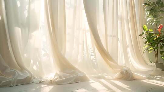 室内阳光透过白色窗帘场景