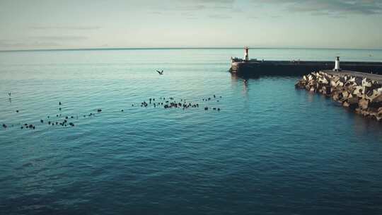 海岸线边码头的航拍镜头