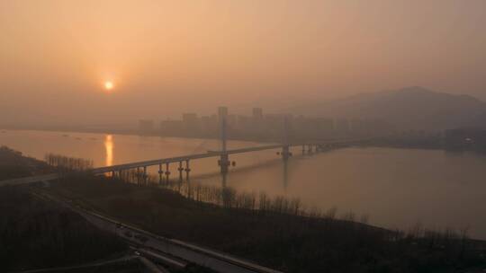杭州富阳区富春大桥夕阳航拍