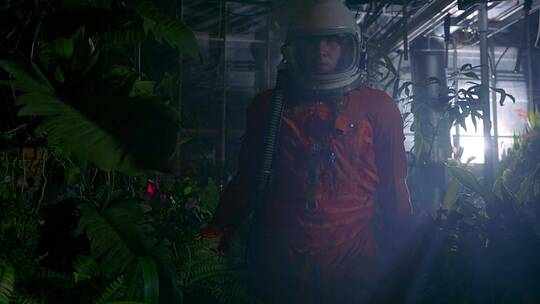 宇航员在温室培育植物