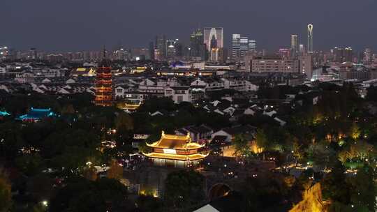 夜游大运河苏州盘门景区（航拍视频素材）